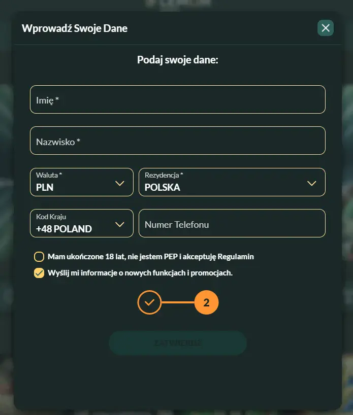 Formularz rejestracji w Lemon Casino: dane osobowe, waluta, numer kontaktowy